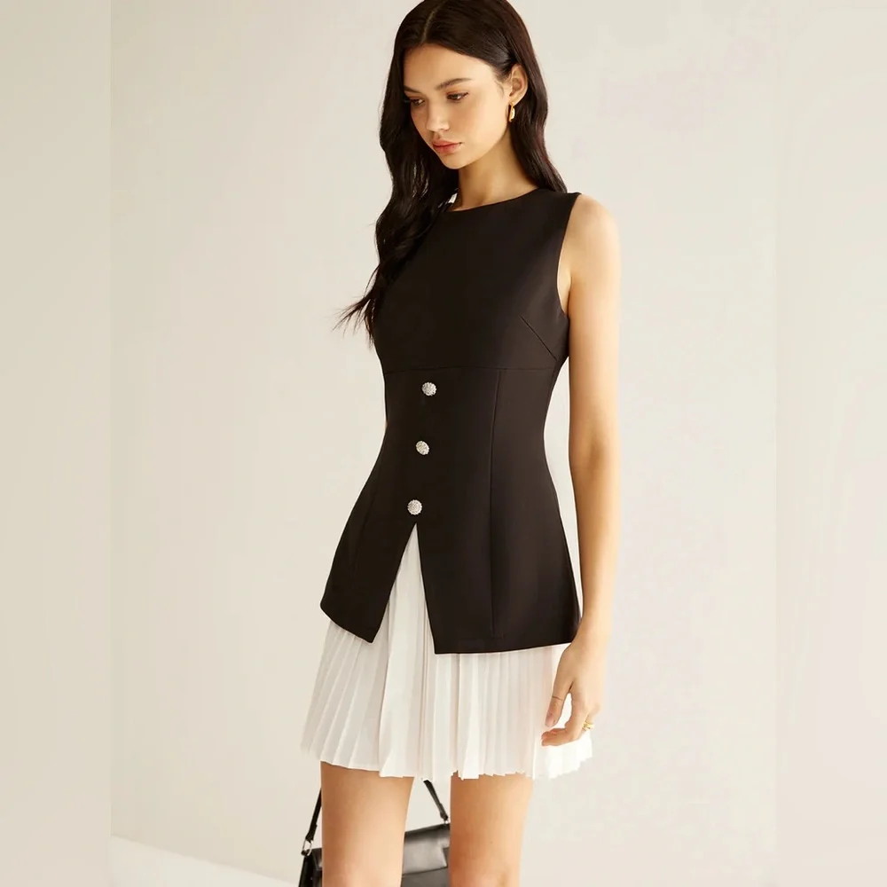 086. Commense Color Block Split Pleated Dress - Picture 5 of 5